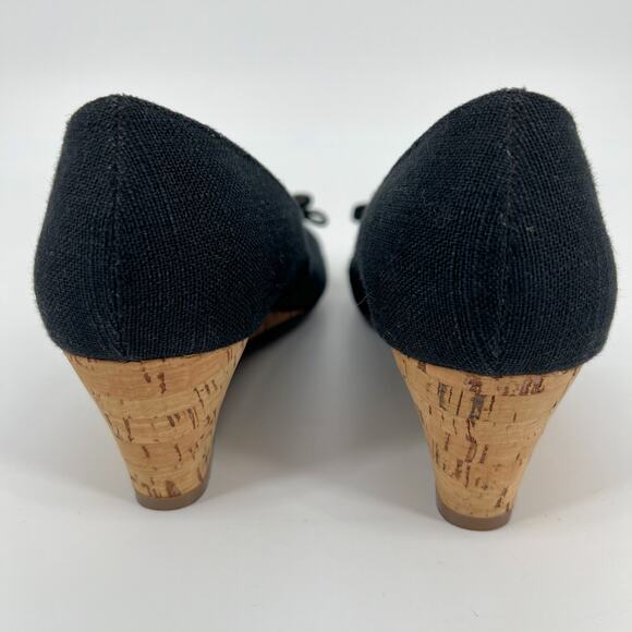 Etienne Aigner Digit Wedge Womens 8M Black Bow Canvas Open Toe Cork Wedge Heels - Picture 4 of 12